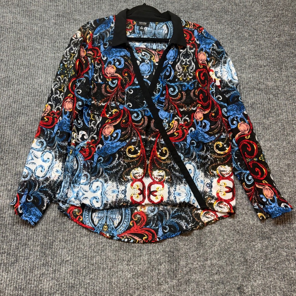 Nicole Miller Paisley Baroque Faux Wrap Blouse XL Boho Art To Wear Top